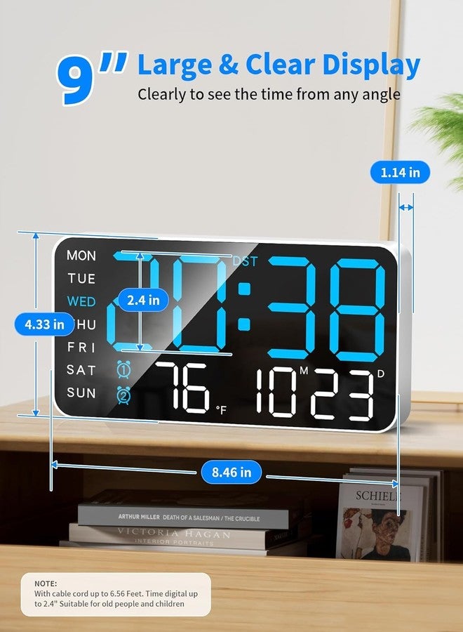 DRUCILA 9''Large Digital Wall Clock, Led Alarm Clock with Big Digits, Date, Temperature, DST, Modern Decor Design for Desk,5-Level Brightness for Room, Bedroom, Gift, USB Powered Yougster and Elderly. - Image 3